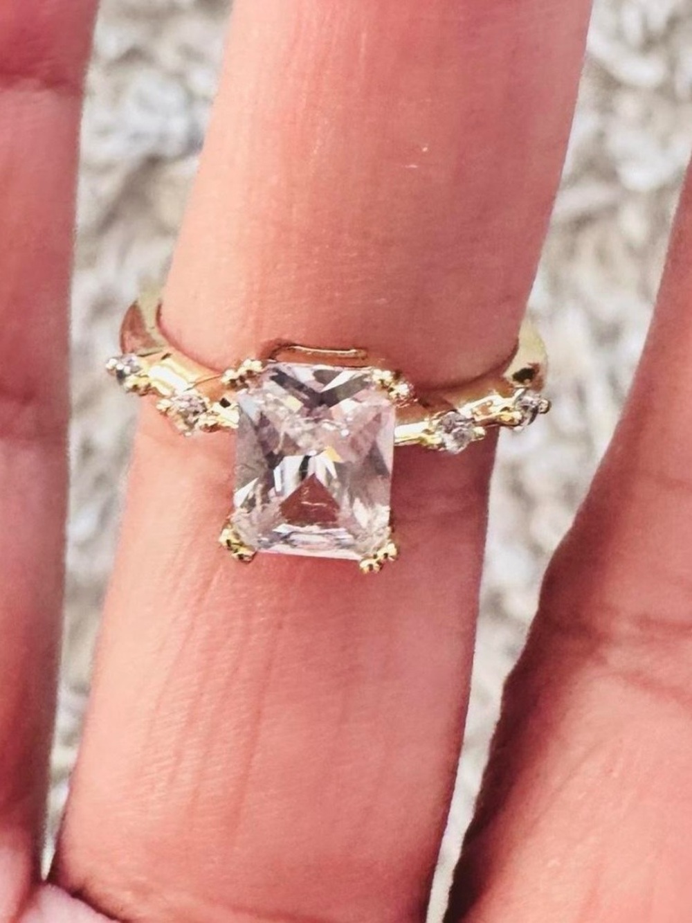 14K Gold Plated Engagement Ring with Clear Square-Cut Center Stone. Size 9. New